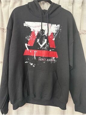 Saint Asonia Black Hooded Graphic Sweatshirt Grunge, Alternative Band-SIZE L